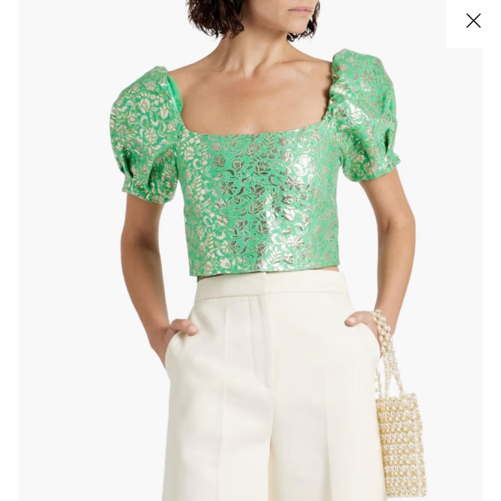 Alice + Olivia “Joslyn” Cropped Metallic Green and Gold Brocade/Jacquard Blouse